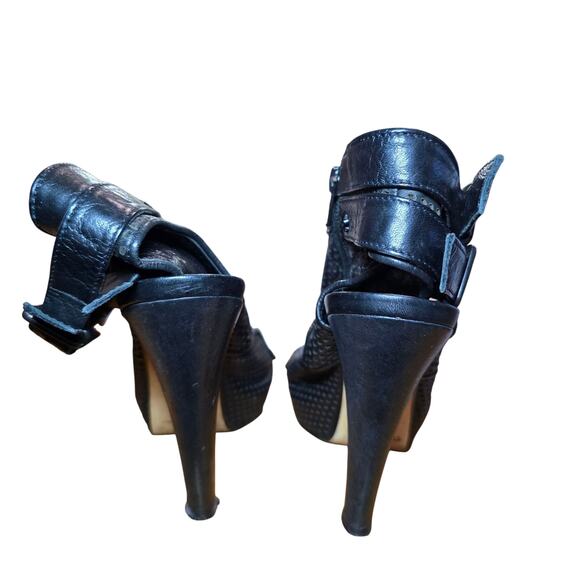 The Kooples Black Leather Peep Toe Cutout Heels Size 38 Lace Up Buckle Booties - Picture 7 of 8